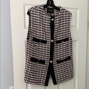 Maje Multicolor Houndstooth Tweed Vest with Black Trim